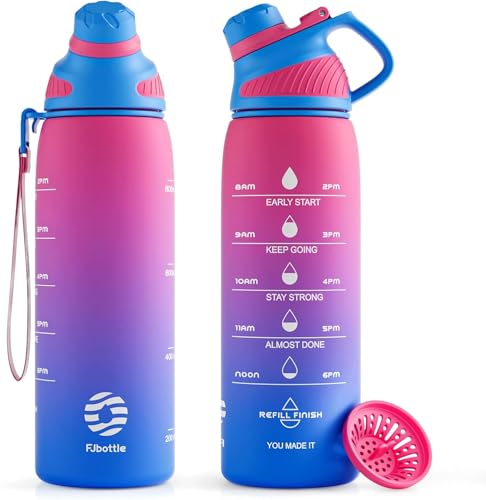 Fjbottle Trinkflasche 1L/710ML + Sieb – Sport Wasserflasche mit Zeitmarkierung/Magnetdeckel - BPA-frei Plastik Flasche für Fitness, Schule, Yoga, Outdoor