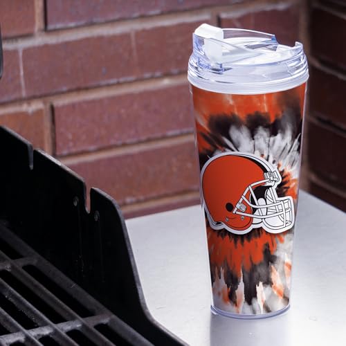 Image of Rico Industries NFL Football Cleveland Browns Metallic Tie Dye 24oz Metallic Acrylic Tumbler with Hinged Lid, Officially Licensed Double Wall Tumbler with Straw