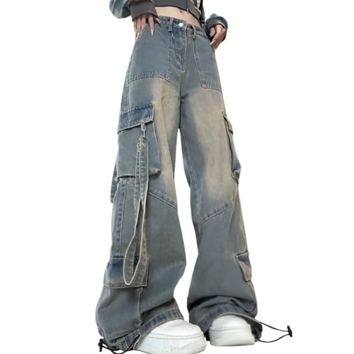 Fashion Gothic Y2K Straight Leg High Waisted Jeans for Women Casual Vintage Patchwork Baggy Denim Pants