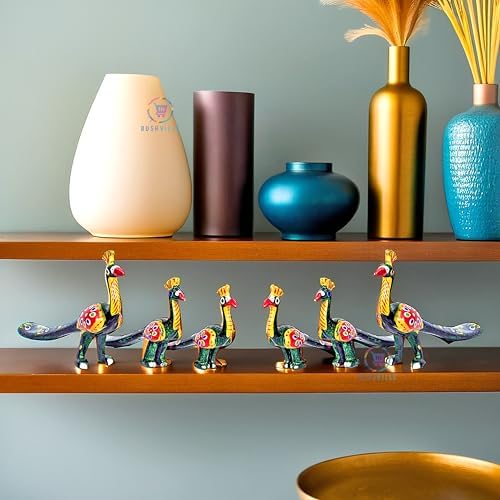 Hand-Painted Paper Mache Peacock Set - Traditional Indian Folk Art Decor for Home, Temple, Office &ifting (Set of 6) -reen