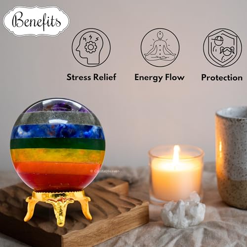 Image of Certified Chakra Crystal Ball for Meditation - Premium Crystal Vastu Items for Home and Feng Shui Items for Good Luck - Ideal for Pooja Supplies and Spiritual Practices (2 inch Inch)