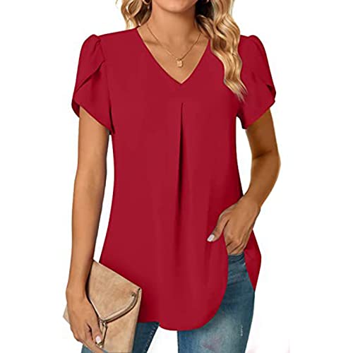 Huttam - Chemise Femme Chic et élégant Manche Courte Chemisier Mousseline Femme ete Fluide Ample Tunique Blouse Femme col v Pas Cher Tee Shirt uni Top Haut Femme Leger pour Bureau Business, Rouge, XXL