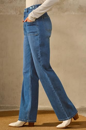 Arach&Cloz Women's Denim Adjustable Waist Buttons High Waisted Wide Leg Jeans 20252