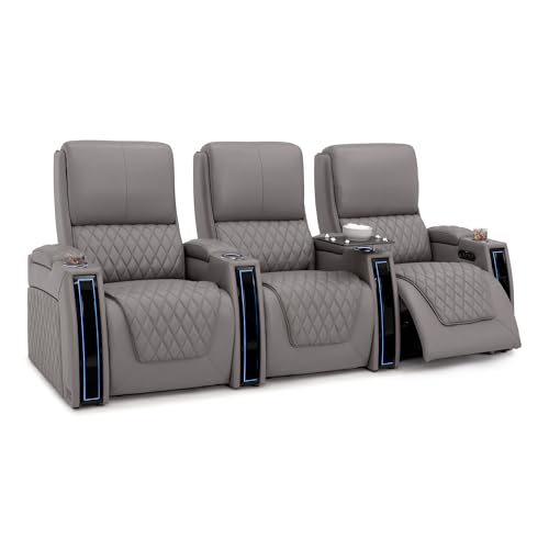 Image of Seatcraft Apex Gray Italian Leather Home Theater Seating, Zero Gravity Power Recliner, Powered Headrest and Lumbar Gaming and Home Office Chair, Lounge Sofa Furniture for Cinema Room, Row of 3