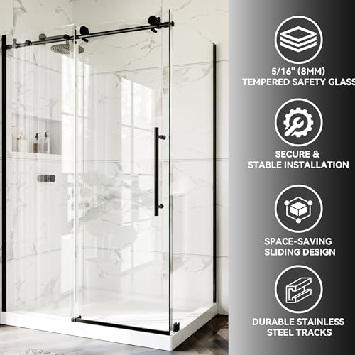 44-48\" W x 36\" D x 72\" H Coner Shower Enclosure Frameless, SGCC Certified 8mm (5/16\") Tempered Glass Shower Door, Sliding Shower Door, Buffer System, Stainless Handle, Leak-Proof, Matte Black