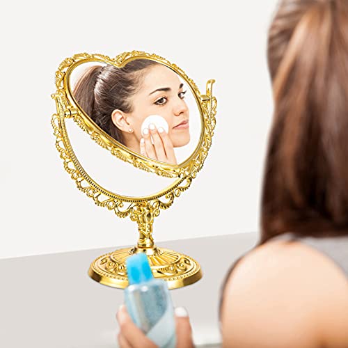 Lurrose Heart Shaped Mirror Heart Mirror Kawaii Mirror Tabletop Vanity Mirror Double Sided Magnifying Makeup Mirror With 360 Degree Rotation (Golden) #TOP5