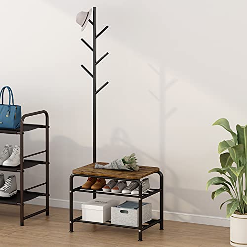 Yizaijia Coat Rack Shoe Bench 3 In 1 Multifunctional Industrial Style Coat Tree For Entryway Living Room Bedroom, Black #TOP2