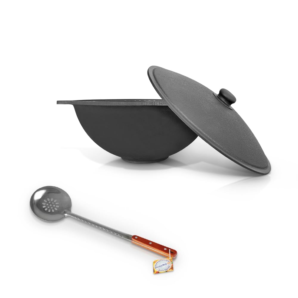 Kazan Gusseisen Ø 46,6 cm 16L mit Aluminiumdeckel Uzbekistan Kochtopf Schaumlöffel Schöpflöffel Schöpfkelle WOK Plov плов казан Kasan Feuerofen Plov Schöpfkelle