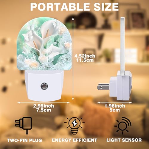 Image of Night Light, White Calla Lilies Bouquet with Butterfly Night Lights Plug into Wall Dusk to Dawn Sensor Round Nightlight for Women Men Energy Efficient Led Lamp 0.5W for Stairway Hallway Bedroom