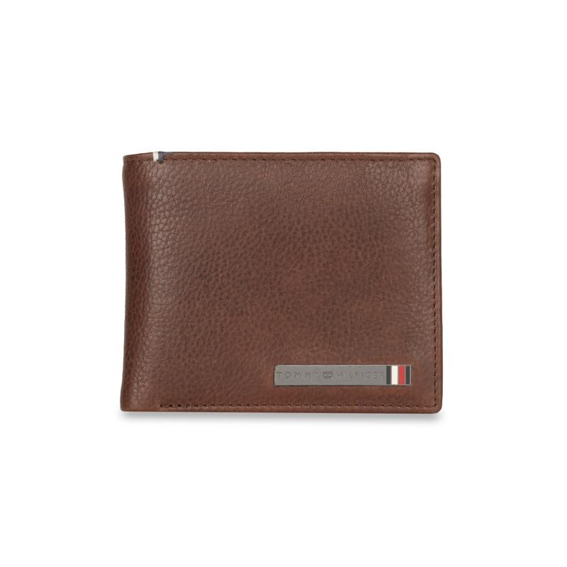 Image of Tommy Hilfiger Steuben Men Leather Global Coin Wallet - Brown | 4 Card Slots | 2 Compartments | 2 Pockets | Pebbled Textured Pattern | 6 Months Warranty