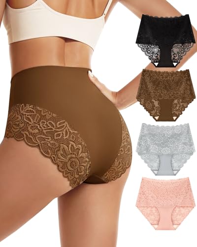 Image of Women's High Waisted Underwear Ladies Lace Sexy Panties Breathable Soft Stretch 4 Pack Full Coverage