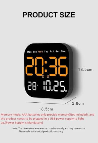 Image of 15-Inch Digital Wall Clock with Large LED Display - Remote Control, Auto-Dimming, Night Light, Date, Day, Temperature, DST Function - Ideal for Living Room, Bedroom (Square 9 inch Orange)