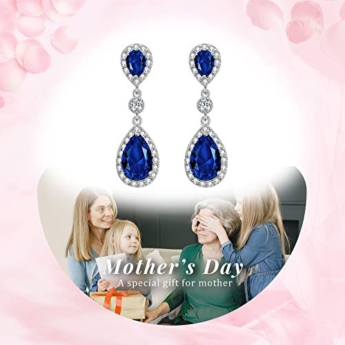 Elequeen 925 Sterling Silver Full Prong Cubic Zirconia Birthstone Teardrop Bridal Dangle Earrings Sapphire Color For Women Girls, Valentine's Day/Mother's Day/Christmas Jewelry Gift For Girlfriennd/Mom #TOP6
