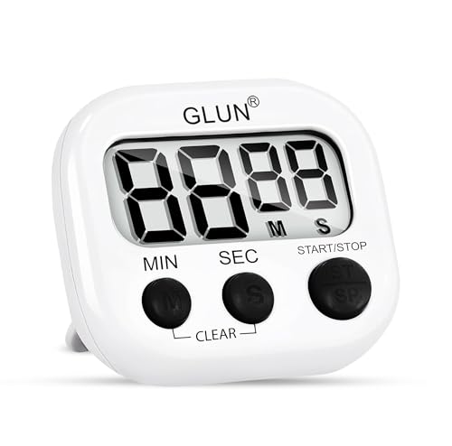 Image of GLUN Digital Kitchen Timer for Cooking, Pack of 1 Big & Clear Digits, Loud Alarm, Magnetic Back, Timer for Baking, Creating Food, White Body & Black Buttons (Random Color)