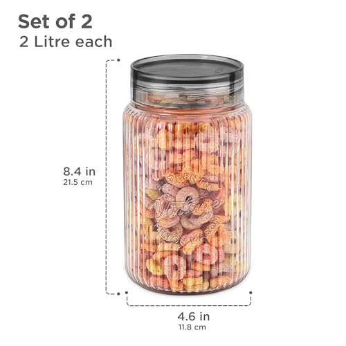 Image of MILTON Olive 2000 Airtight Food Grade Modular Plastic Container | BPA Free, Stackable & Transparent | Wide Mouth with See-Through Lid | Ideal for Cereals, Pulses, Spices, Set of 2, 2000 ml each, Grey