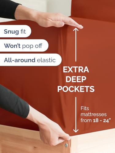 Image of Extra Deep King Fitted Sheet - Single Fitted Sheet Only - Terracotta | Easily Fits 18 inch to 24 inch Mattress, Soft, Wrinkle Free, Breathable & Comfy, Extra Deep Pockets Hotel Luxury Fitted Sheet