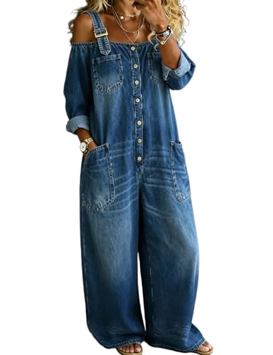 Mywinway Denim Jumpsuit for Women 2026 Summer Spring Strap Off Shoulder Button Down Jean Overalls Loose Long Rompers Y2K Outfits Dark Blue M