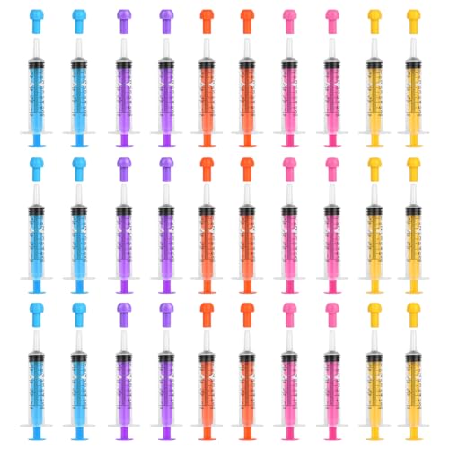 30PCS Plastic 5ml Syringe with Cap, Colourful Disposable Sterile Syringes, Medicine Syringe Reusable for Animal Feeding, Scientific Labs, Measuring Baby Medicine, 5 colours