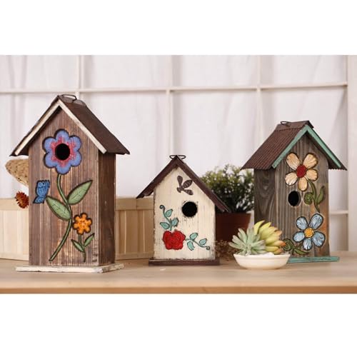 Bird House Wooden Carved Floral Birdhouse with Hanging,White Hanging Bird House for Outside - Thumbnail 4