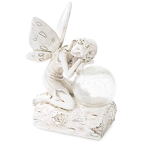 GloBrite Solar Powered Fairy Angel Garden Resin Ornament - Crystal Glass Crackle Ball with LED Light, Hand Painted Figurine Statue for Porch Patio Yard Porch Decorations