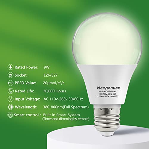 Necgemlex Smart LED Grow Light Bulbs with Remote Controller, Sun Simulation Mode, Built-in Auto Timer, A21/A70 E26/E27 9W Dimmable Full Spectrum Intelligent Plant Grow Bulbs for Indoor Plants, 4 Pack by Necgemlex - Image 5