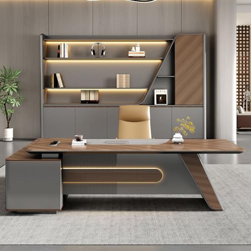Image of Lakdi The Furniture Co Luxury Director Table with Curved Wooden Top, Integrated LED Accent Panel, Matte Grey Base & Premium Modern Executive Office Furniture - LDL-735