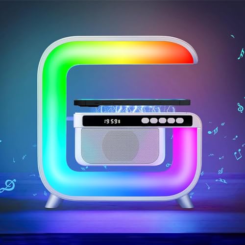 Palmcee Table Lamp, Hi-Fi Bluetooth Speakers, Atmosphere Lamp with 15W Qi Wireless Charger, Color Changing Lamp with Alarm Clock, G Speaker Streaming Light, Mood Lighting/Gifts for Bedroom Home Decor