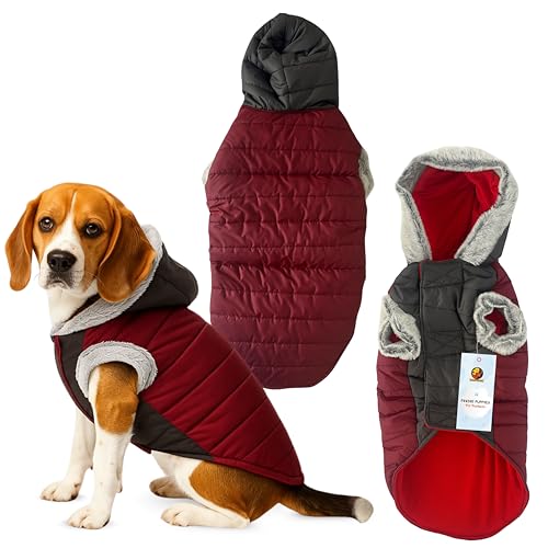 Image of Foodie Puppies Dog Puffer Hoodie Warm Winter Jacket - (Maroon Grey, 22 Inch) for Medium Sized Dogs | Ultra Warm Waterproof & Windproof Fur Coat | Washable Pet Vest Apparel for Cold Weather