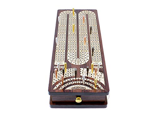 Tablero y caja de cribbage continuo House of Cribbage, incrustado en palisandro y arce: 4 pistas, cajones laterales con campos para marcar skunks, esquinas y partidas ganadas miniatura 5
