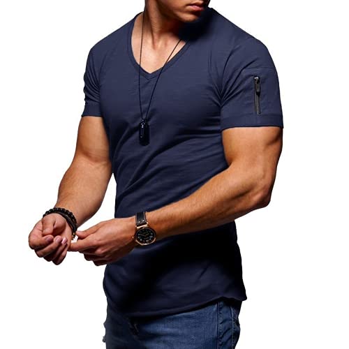 GUBIDIAO Men's V Neck Muscle Athletic Shirt Bodybuilding Gym Workout Tee Shirt Short Sleeve Zipper Casual Summer Top (Navy,XL,X-Large)
