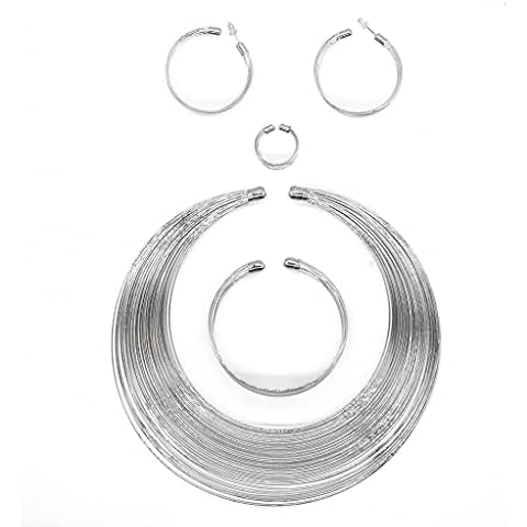 HENGYID African Art Style Multi-Layer Gold Plated Chain Choker Necklace Hoop Earrings Cuff Bangle Bracelet Ring Set (SILVER) Cover