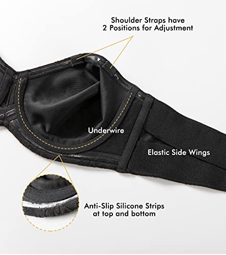 Delimira Women's Strapless Bra For Big Busted Minimizer Plus Size Bandeau Underwire Unlined Jacquard Black 38Dd #TOP2