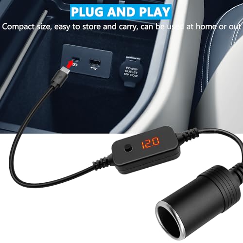 Hoembpn Wtyczka USB C na gniazdo zapalniczki samochodowej 12 V, adapter kablowy, konwerter z woltomierzem, regulowane napięcie 5 V/9 V/12 V, nadaje się do ładowarki samochodowej, GPS, kamery na deskę