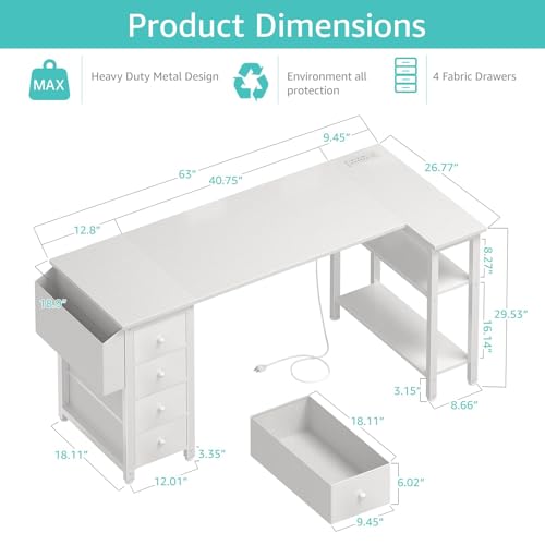 Lufeiya White L Shaped Computer Desk with Drawers & Storage Shelves, 63 Inch Reversible Corner Desk with Power Outlet for Home Office Bedroom, L-Shaped Teen PC Desks with Fabric Drawer, White