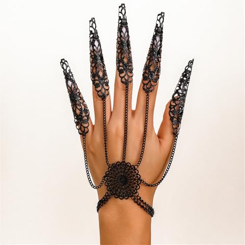 GYRMMUE Gothic Bracelets Finger Nails Tip Claw Rings for Women,Vintage Black Wrist Chains Bracelets Punk Style Lace Bangle Bracelet Ring Goth Hollow Finger Claws Halloween Cosplay Jewelry3