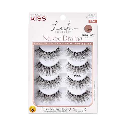 KISS Lash Couture Naked Drama Collection False Eyelashes Multipack 01 with Cushion Flexi Band, Style 'Ruffle', Full & Fluffy Volume, 4 Pairs Fake Eyelashes