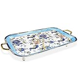 ACMLIFE British Serving Tray Set, 21 inches Bone China English Tray with Handles, Blue Fine Ceramic Decorative China Serving Tray Platter with Golden Rim for Tea Sets, Living Room, Gift (Blue)