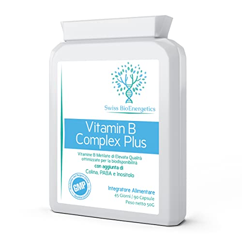 Complesso Vitaminico B Plus - Formula metilata superiore con aggiunta di colina, PABA e inositolo - Include vitamine del gruppo B essenziali B1, B2, B3, B5, B6, B12, 90 capsule