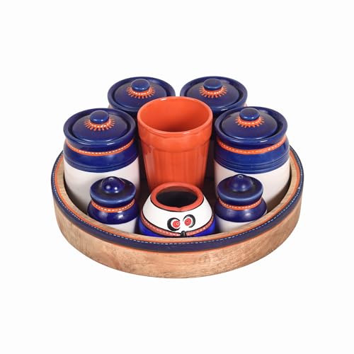 Image of AAKRITI ART CREATIONS Flavor Craft Delights with Tray | Set of 4 Ceramic Achar ki Barni & Mukhwas Box | Includes Glass, Toothpick Holder, Salt & Pepper Shakers & Spoons
