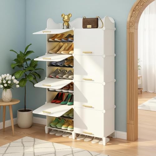 Image of Modular Shoe Rack Organizer with Drawer Storage, Multi-Layer Foldable Shoe Cabinet with Dustproof Doors for Home Entryway Bedroom (Ht-White, 8-Door)