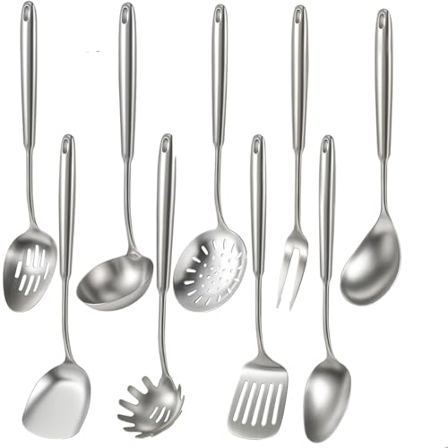 Newness 9 Pcs Cooking Utensils Set, 304 Stainless Steel Kitchen Utensils Set, Metal Kitchen Accessories, Include Soup Ladle, Slotted Skimmer Spoon, Spaghetti Spoon and Spatula, Dishwasher Safe