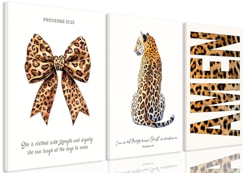 3Pcs Trendy Leopard Canvas Wall Art, Funky Inspirational Bible Quotes