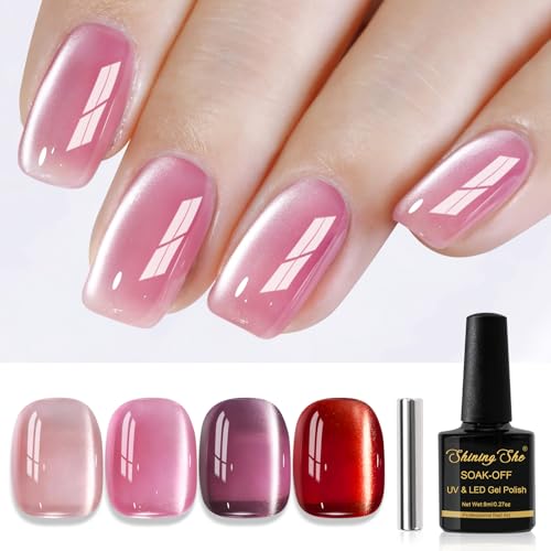 Shining She Pintauñas Semipermanentes Jelly Ojo de Gato,4 Colores Rosa Rojo Cat Eye Gel Polish Set con imán,Esmaltes Semipermanentes Para Uñas en Gel UV LED para Novato Art DIY,8ML