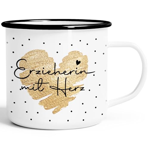 SpecialMe® Emaille-Tasse Herz Danke Geschenk Lieblingsmensch Alltagsheld Berufe Spruch Schrift Emaillebecher Weiss-schwarz Emailletasse – Ansicht 1