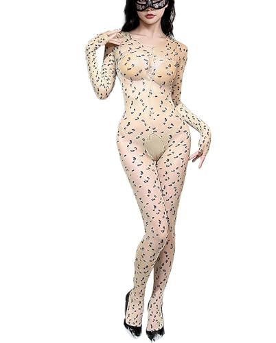 Aucute Damen Dessous Leopard Ganzkörperstrümpfe Netz Bodys Jumpsuit Einteilige Nachtwäsche, Bodystocking Catsuit Ouvert für Frauen Sexy, Schwarz