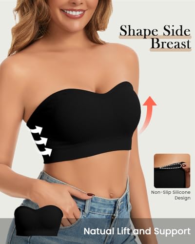 Image of WOWENY Strapless Bras for Women Bandeau Bra Wireless Non-Slip Silicone Seamless Padded Tube Top Bra