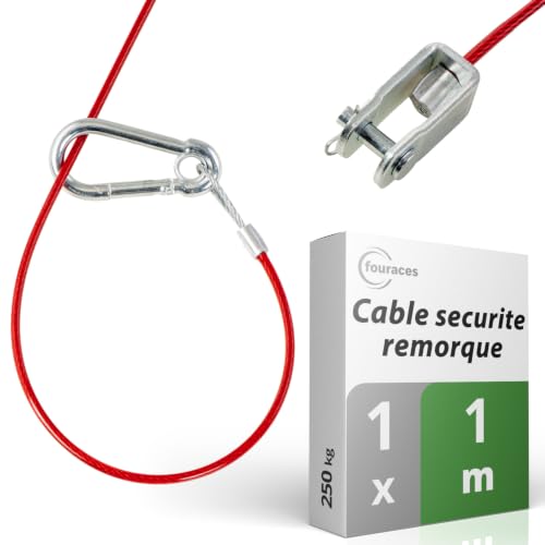 fouraces Cable securite remorque, 1m, Rouge, avec Mousqueton, Charge de Rupture 250kg, Corde de déchirure avec Chape (Manille), Corde de déchirure