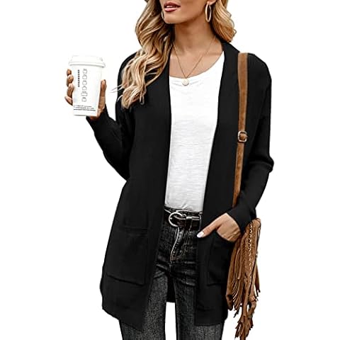 IWOLLENCE Womens Long Knit Cardigans for Women Ladies Long Sleeve Soft Winter Fleece Jumpers Cardigan with Pockets (Black, L) Cover