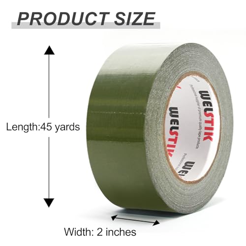 WELSTIK Professional Grade Army Green Tape Duct Tape, Waterproof Duct Cloth Fabric,Duct Tape for Photographers,Repairs, DIY, Crafts, Indoor Outdoor Use,2 Inch X 45 Yards, Olive Green