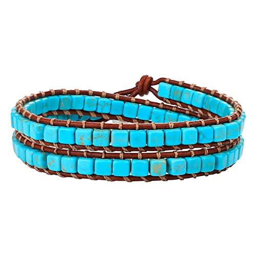 Image of KELITCH Natural Agate Onyx 2 Wrap Bracelets Handmade Leather Strand Bracelets Fashion Jewelry